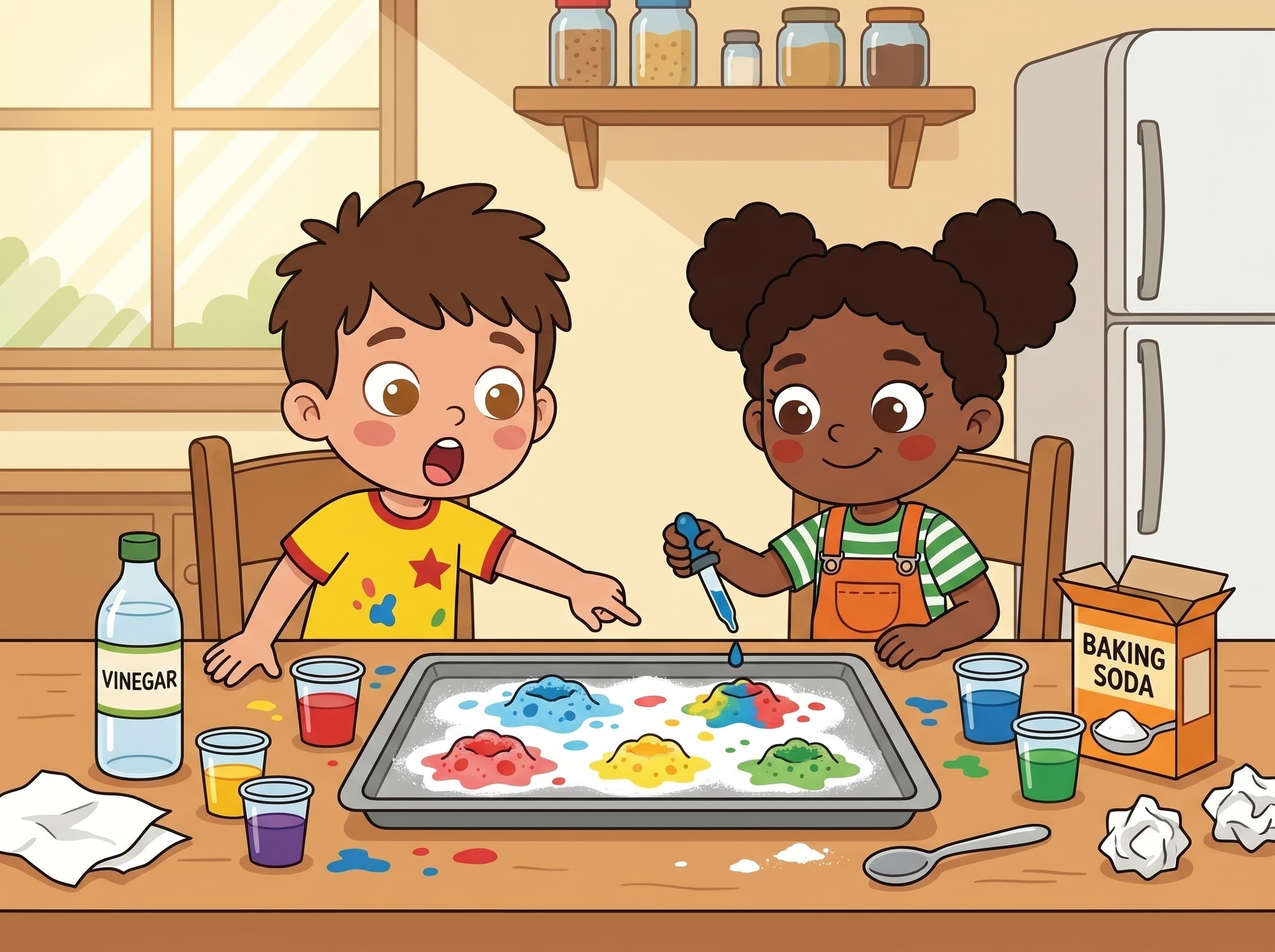 Max and Mia, the two Busy Makers characters, mid-experiment and covered in paint.